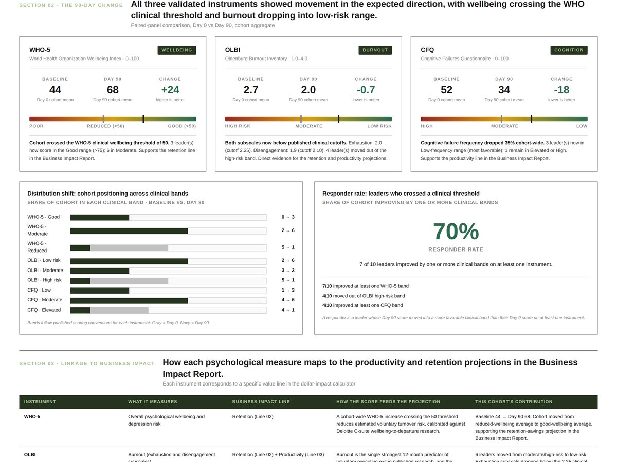 Sample Capacity psychological outcomes report showing WHO-5, OLBI and CFQ results